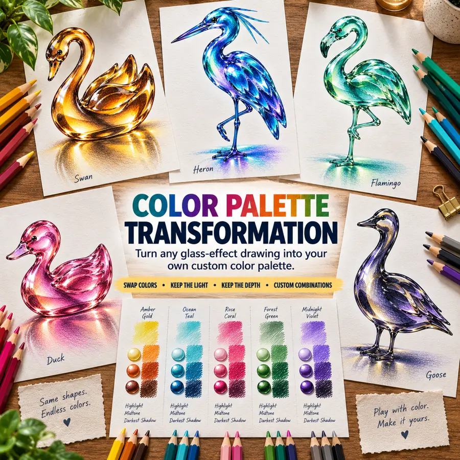 Five glass birds each redrawn in a different color palette, with amber, teal, rose, green and violet swatch cards