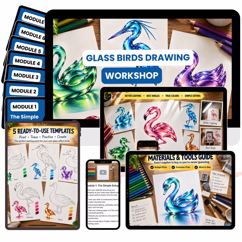 The Glass Birds Drawing Workshop shown across a desktop, tablet and phone, with all six module cards