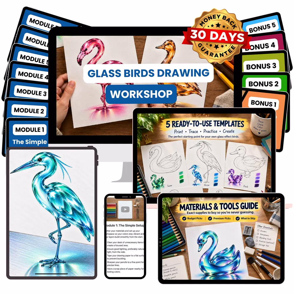 The Glass Birds Drawing Workshop with all its modules and bonuses shown together