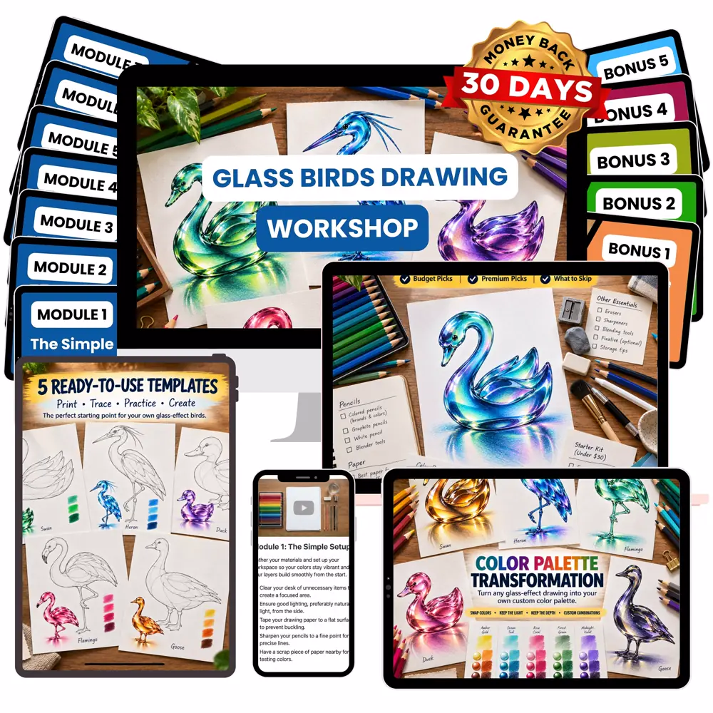 The Glass Birds Drawing Workshop with all its modules and bonuses shown together