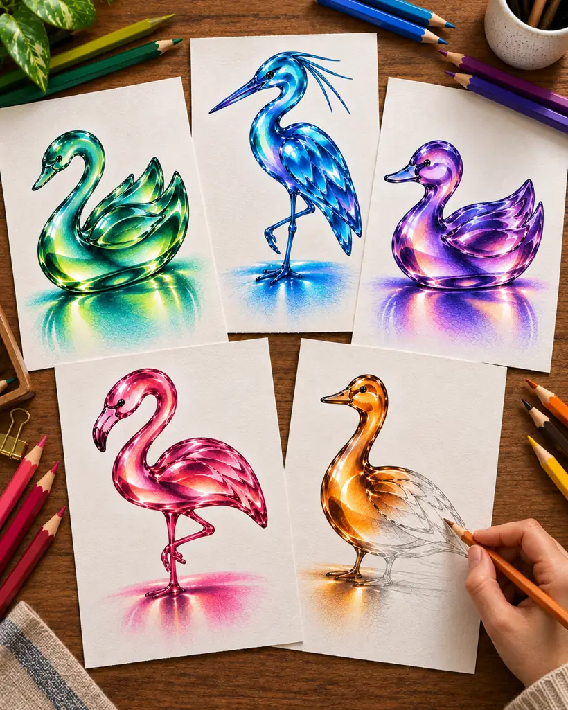 Five glass bird drawings in colored pencil laid out on a desk: a green swan, blue heron, purple duck, pink flamingo, and an amber goose being drawn